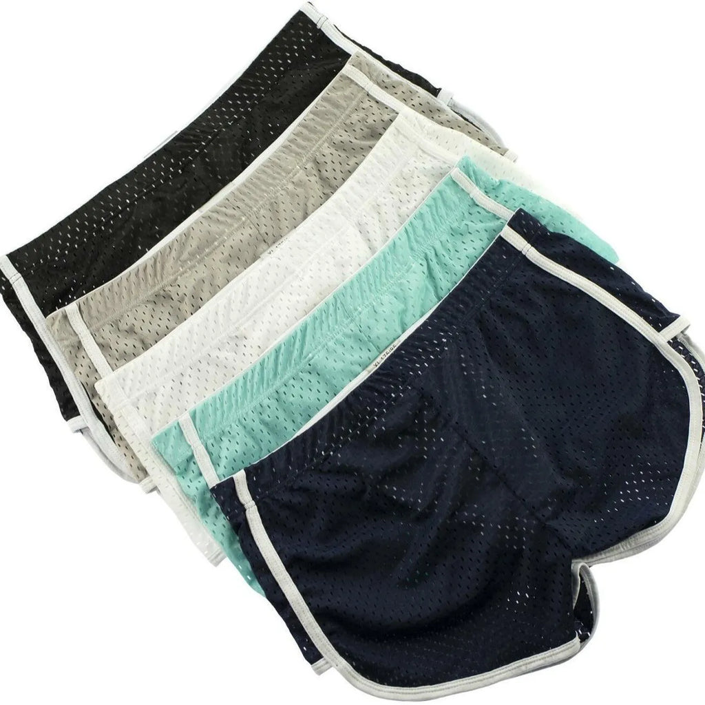 Men's breathable boxer shorts in cotton and nylon, shown in multiple colours.