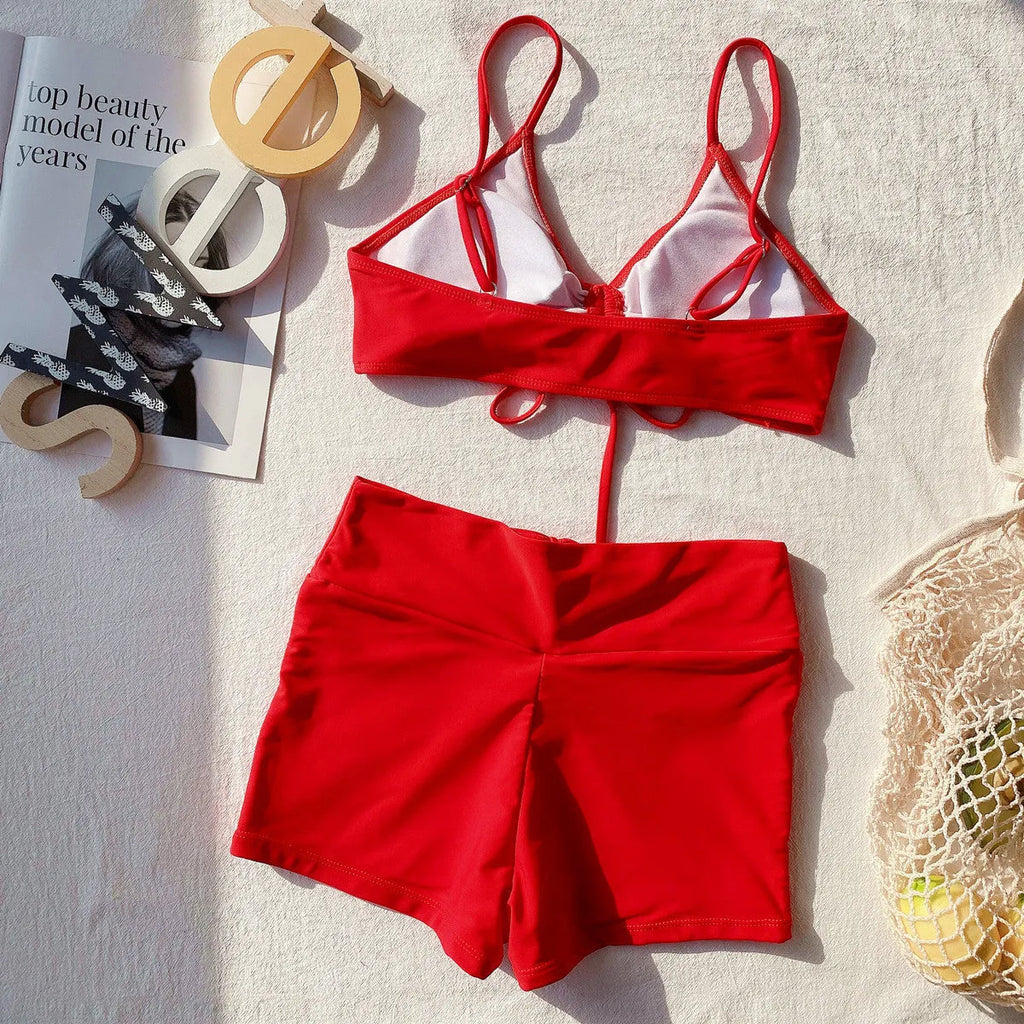 Women's high waist split swimsuit bikini set in red, sleeveless top and shorts, nylon fabric