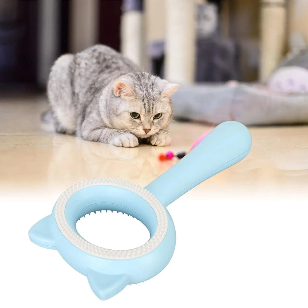 Blue and white double-sided pet grooming brush with deshedding teeth and massage comb