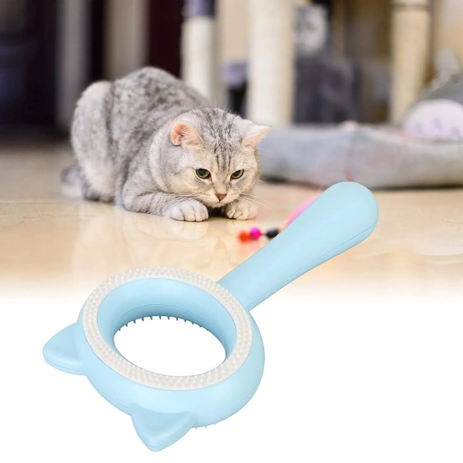 Blue and white double-sided pet grooming brush with deshedding teeth and massage comb