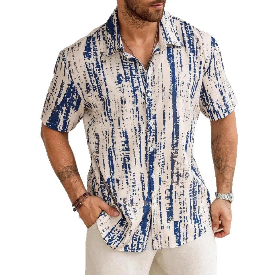 Man wearing a blue striped 3D printed short sleeve casual summer shirt.