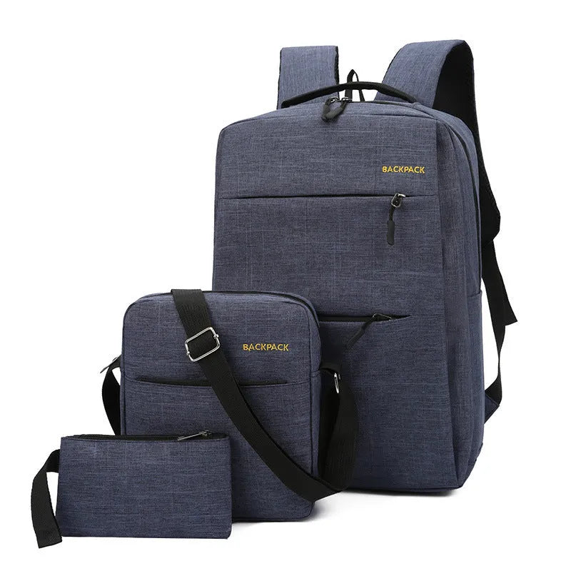 Men's black nylon three-piece computer bag set showing USB port and organisational pockets.