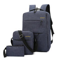Men's black nylon three-piece computer bag set showing USB port and organisational pockets.
