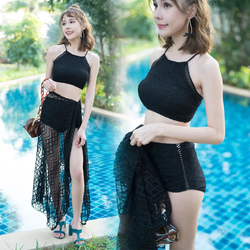 Women's black high waist bikini three-piece set with belly coverage and half sleeve coat