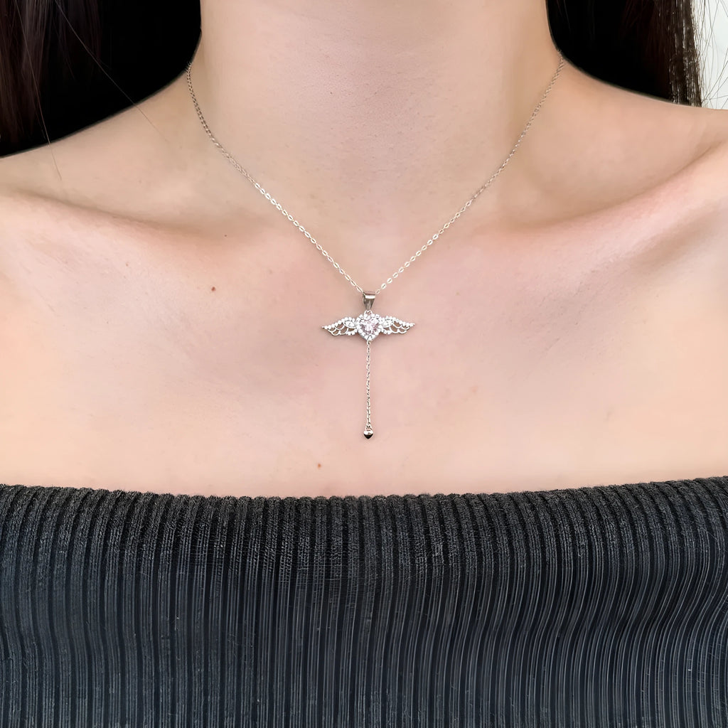 Fashion 925 silver necklace with heart-shaped wing and tassel pendant, platinum finish, 26x36mm