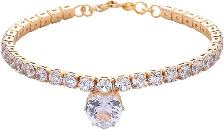 Gold rhinestone heart-shaped collar for dogs and cats on a metal chain.