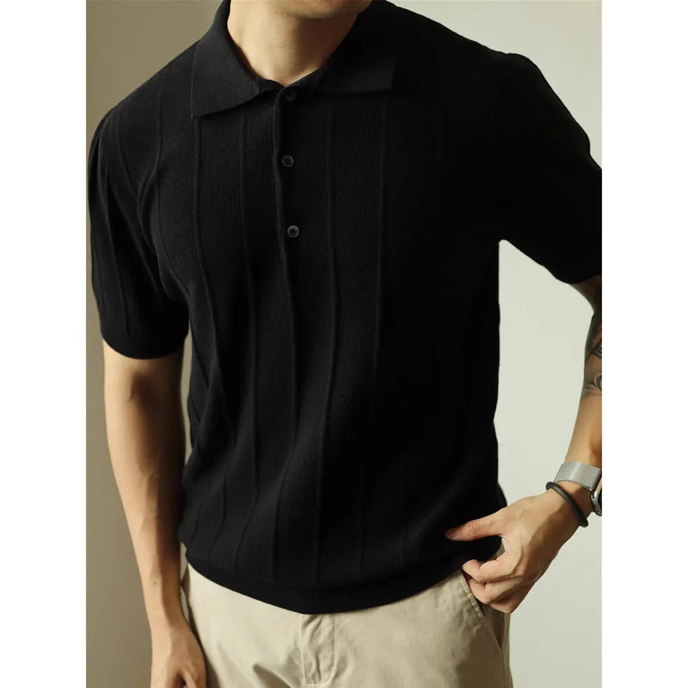 Men's loose fit solid colour polyester T-shirt on a hanger, shown in black and white colour options.