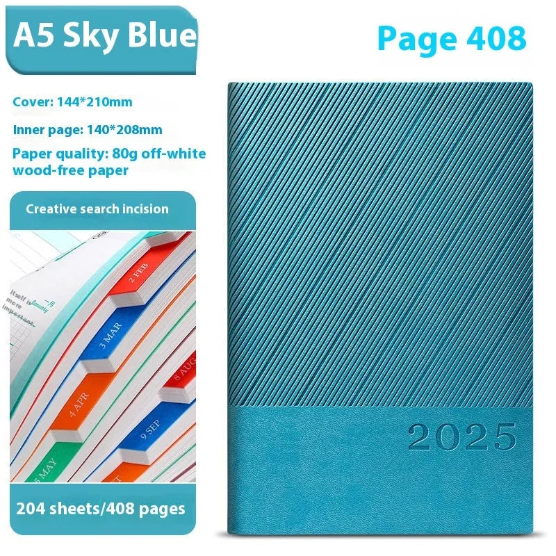 A4 notepad with striped PU leather cover open to show wood-free paper, available in eight colours.