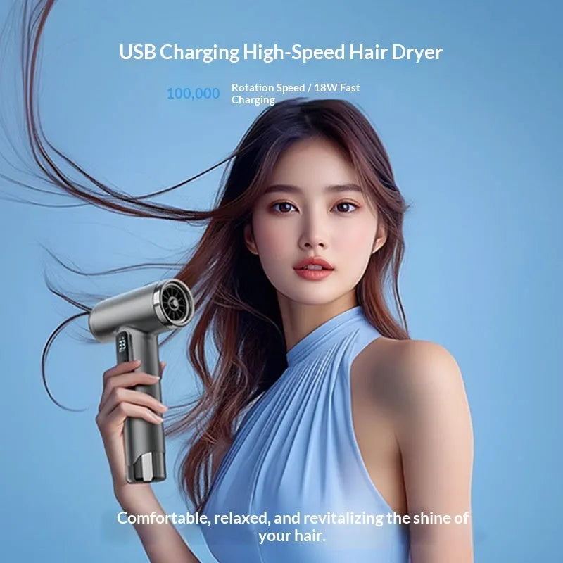 Wireless hair dryer in white, gray or pink with ABS shell, brushless motor, 3 speed gears and cold hot air settings.