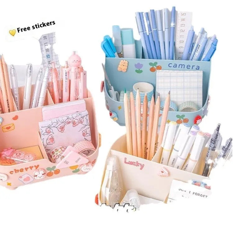 Plastic student desktop pencil case with 5 grid storage compartments, pens inside, in a milky white colour with stickers