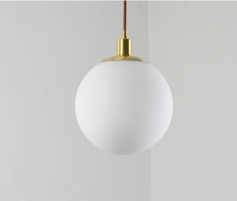 Milk white Nordic round glass chandelier for bedroom bedside, 15-30cm diameter, copper frame