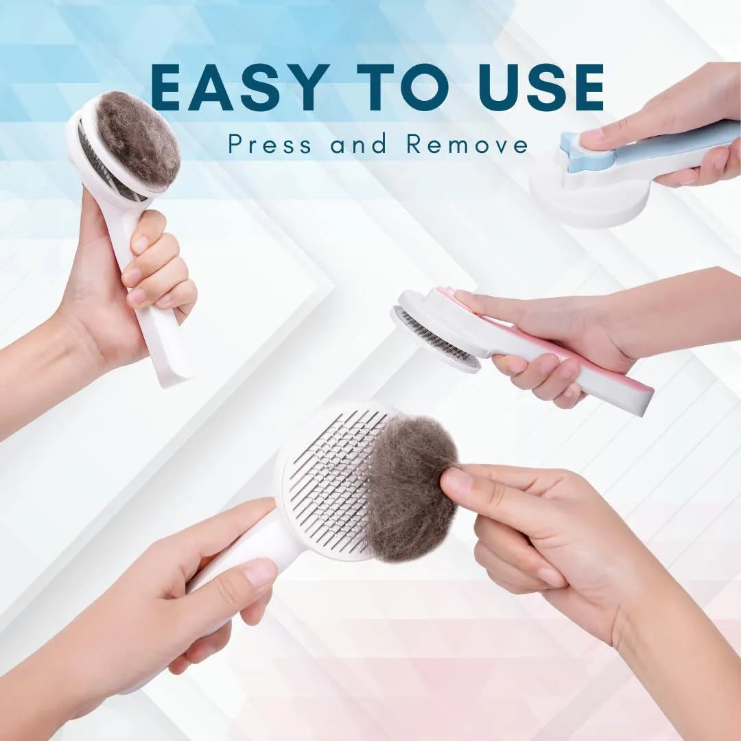 Self-cleaning pet grooming brush with blue rubber handle and stainless steel bristles