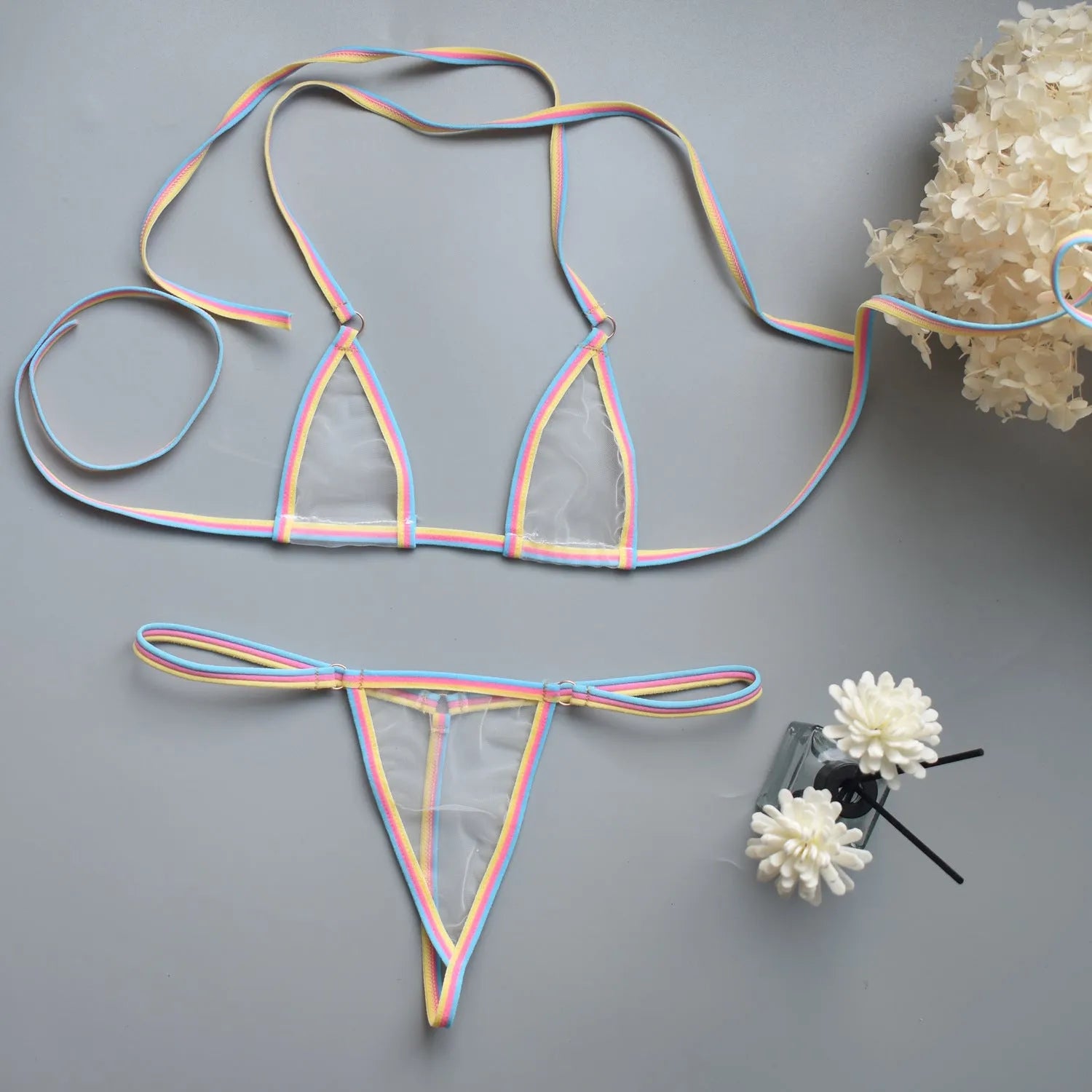 Simple super mini bikini set with T-back design in six colours, polyester fabric, three-point style