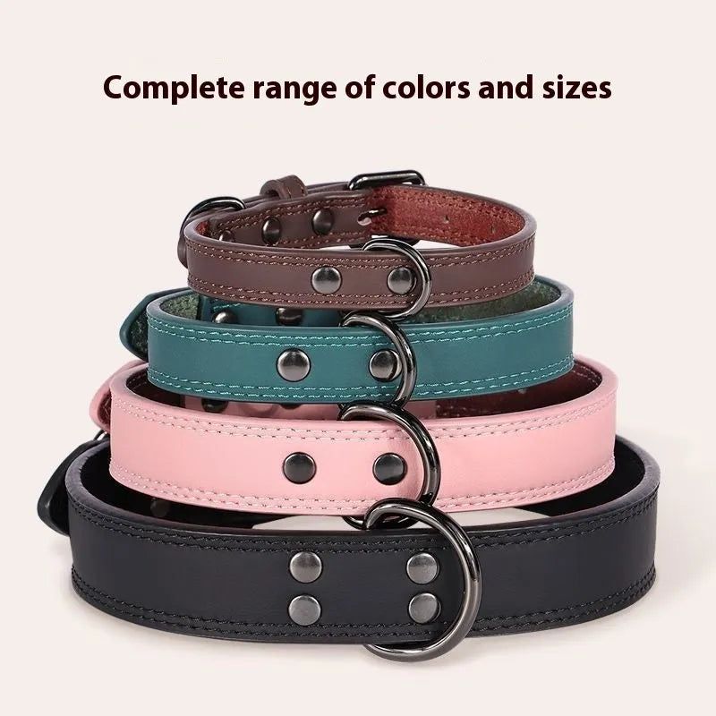Brown first layer cow leather pet collar with leather bell pendant, anti-lost design for cats and dogs