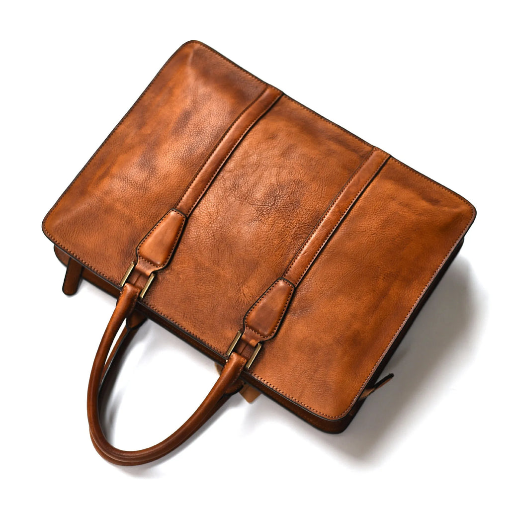 14-inch retro men's leather handbag in horizontal square shape for business use