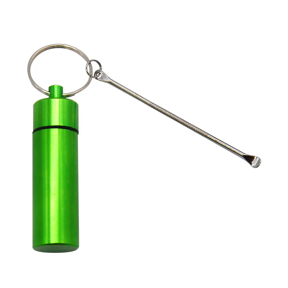 Aluminium medicine storage bottle with spoon and keychain in five colour options