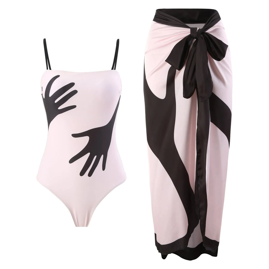 Women's patterned polyester bikini with detachable tulle skirt in one-piece design