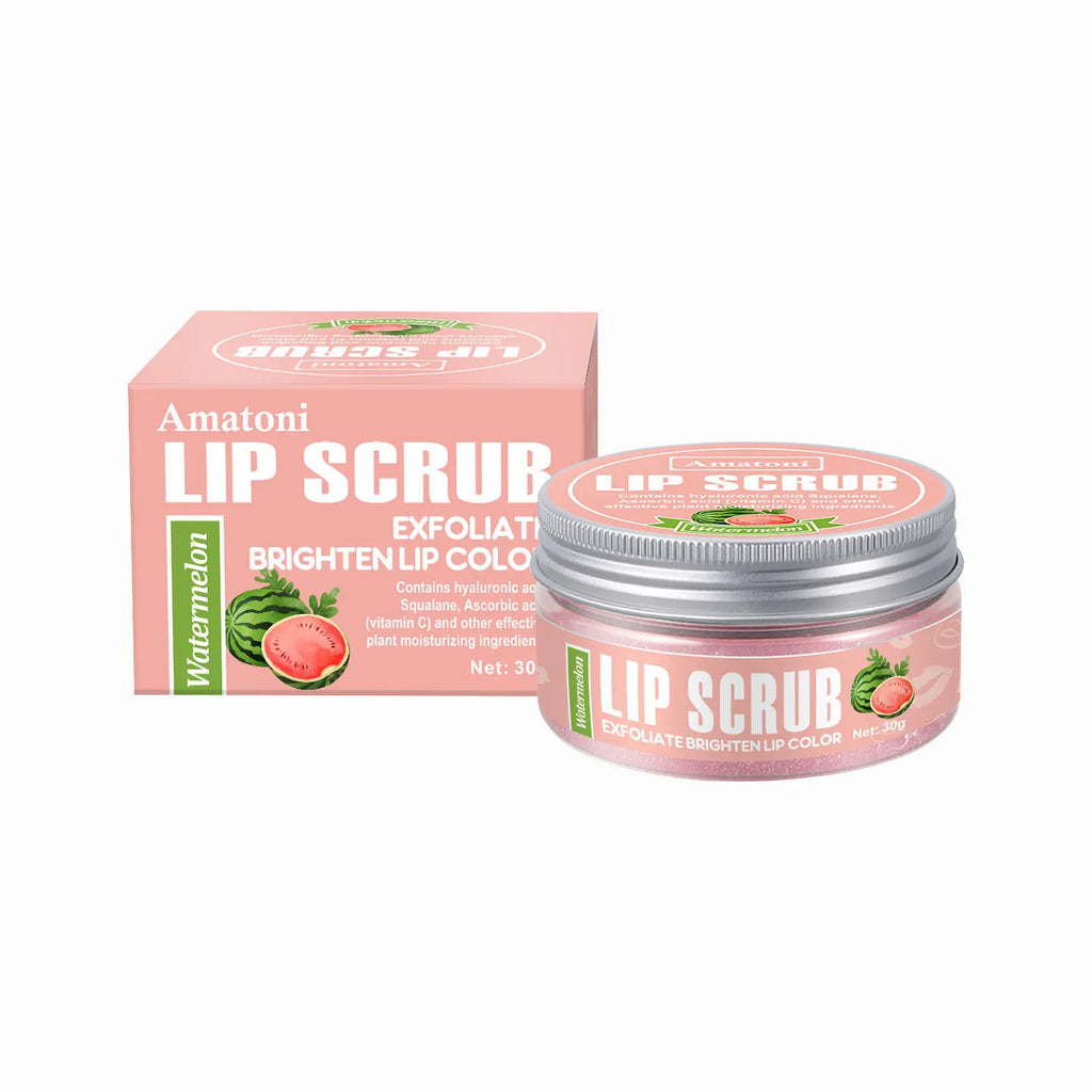 Amatoni Lip Scrub pot in four flavour options: coconut, raspberry, vanilla, and watermelon