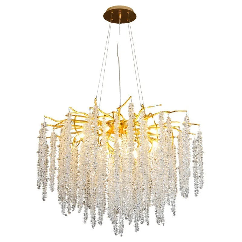 Adjustable height crystal chandelier with aluminium alloy frame in a light luxury style.