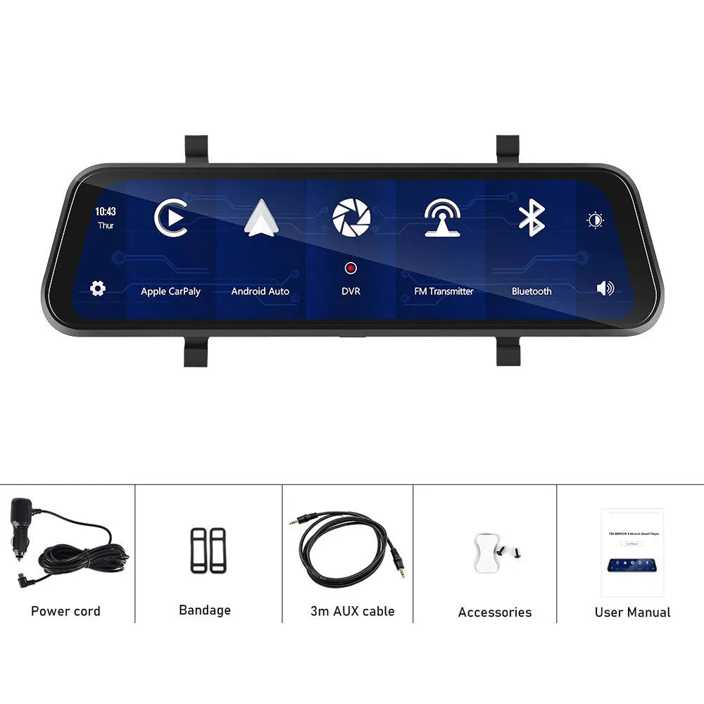 9.66-inch touchscreen car dashboard camera mirror showing video display and smartphone interface