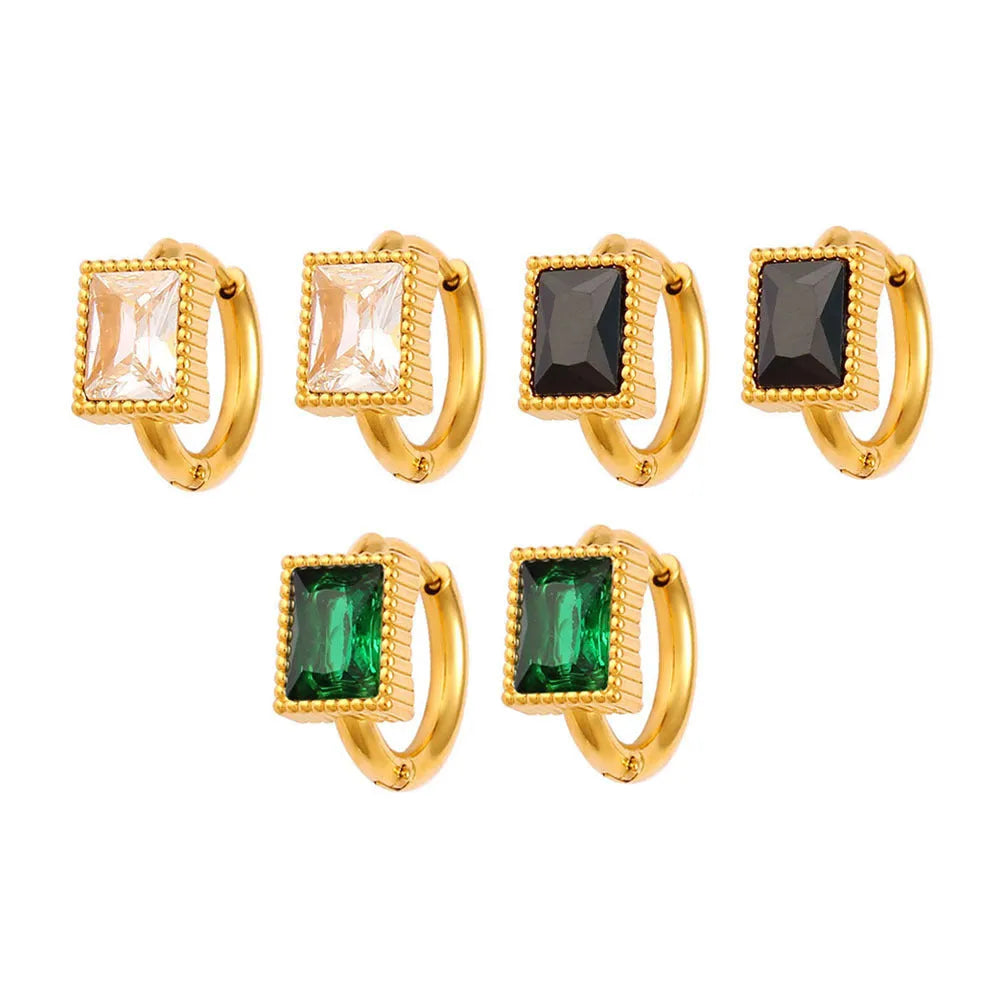 Square zircon stainless steel earrings in geometry design with round ring details, shown in white colour.
