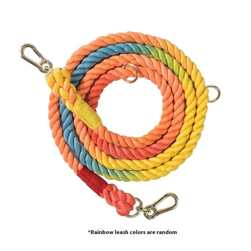 Woven rainbow double head dog leash with silver fittings in various colour options