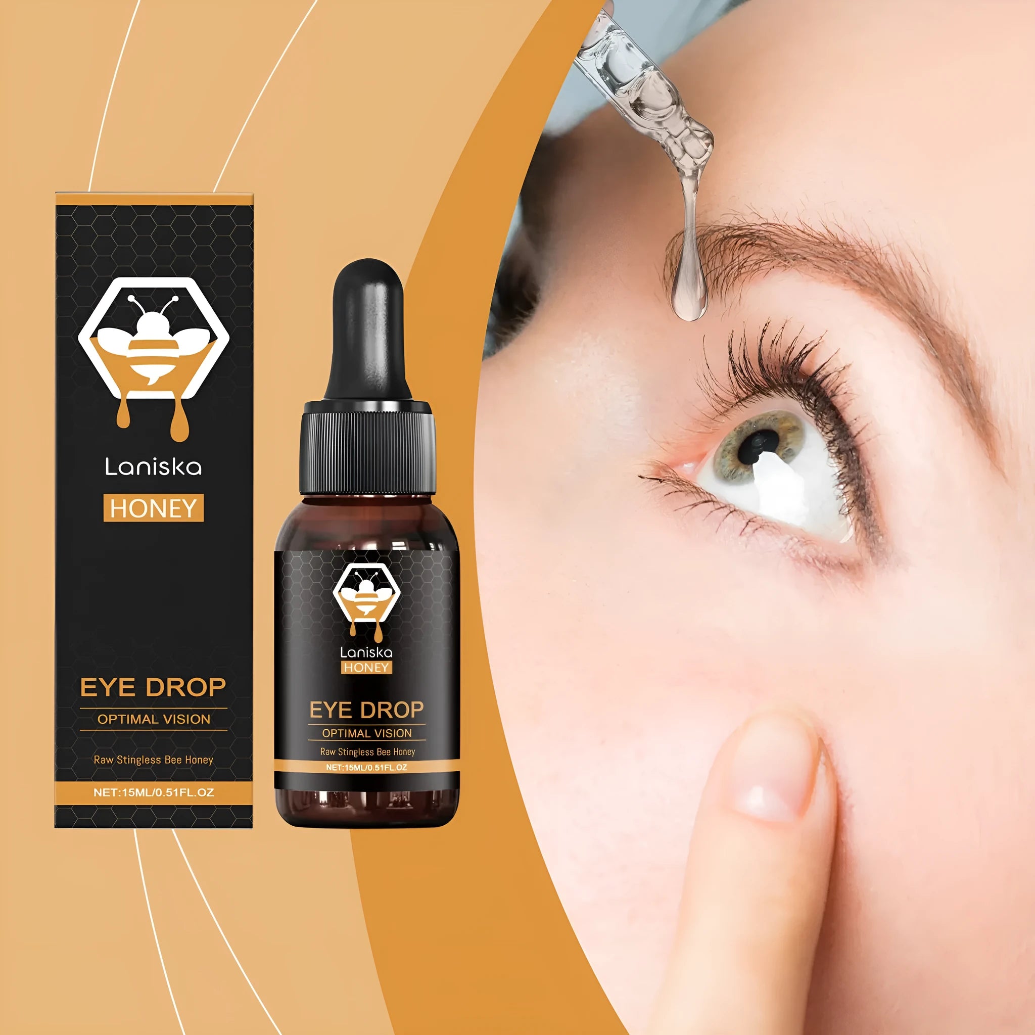 15ml bottle of honey eye drops for dry eye relief on a plain background.