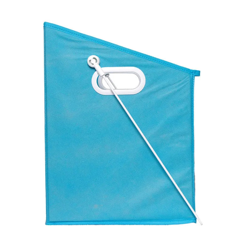 Blue folding detachable storage basket with clear front panel, shown on a shelf.