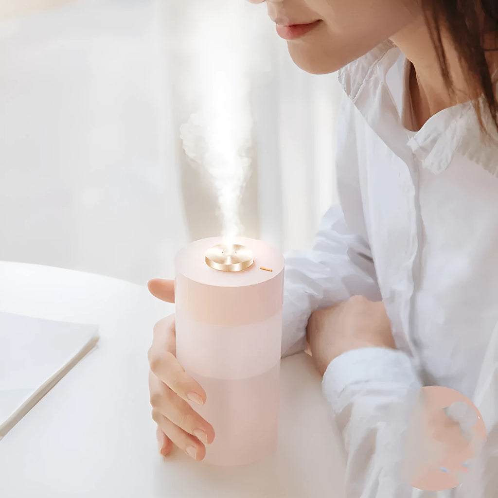 Ice white USB car air humidifier with columnar shape and single fog outlet on a car dashboard