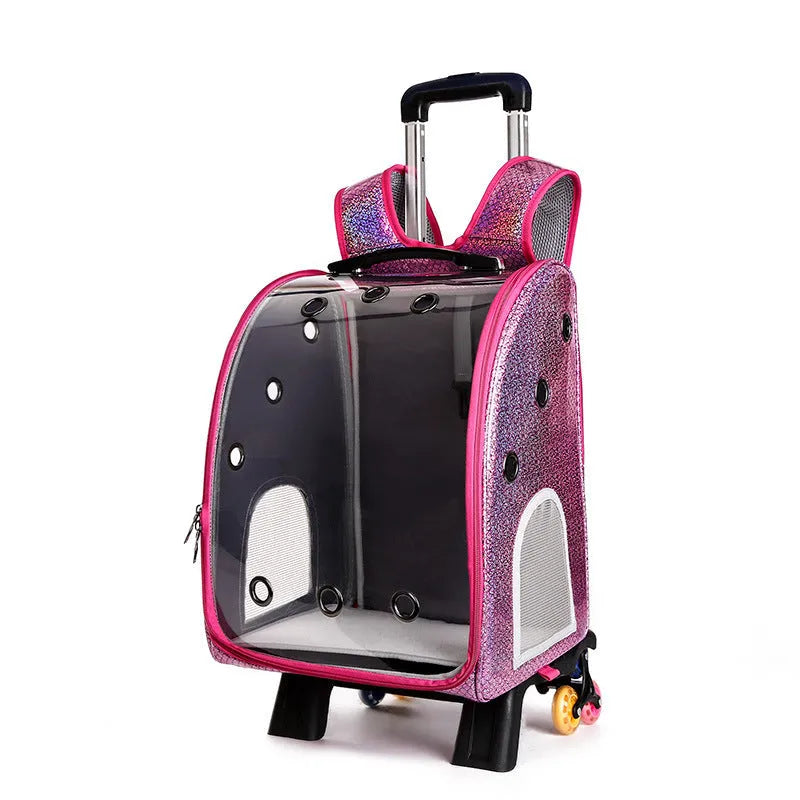 Transparent pet trolley backpack carrier for small dogs and cats with Oxford cloth and acrylic cover.
