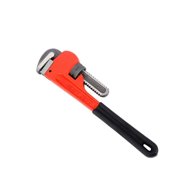 Heavy pipe tongs 45# steel water pipe pliers with black handle and silver jaw on white background