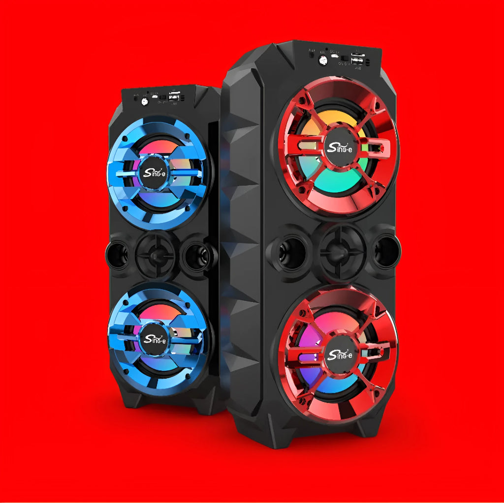 Portable Bluetooth speaker with colour lights and pull rod handle in blue, red, or silver grey options