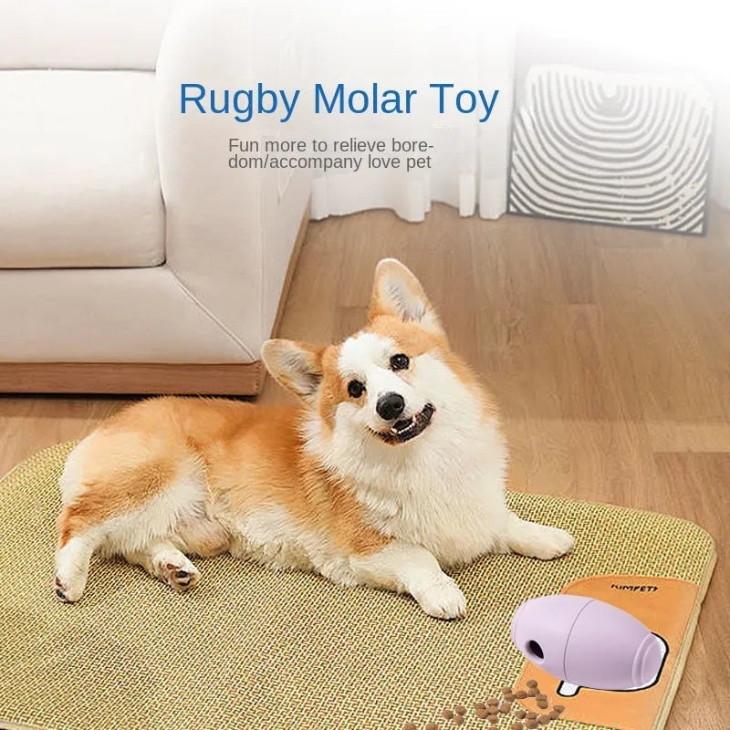 Blue silicone rugby ball dog chew toy with food dispensing holes