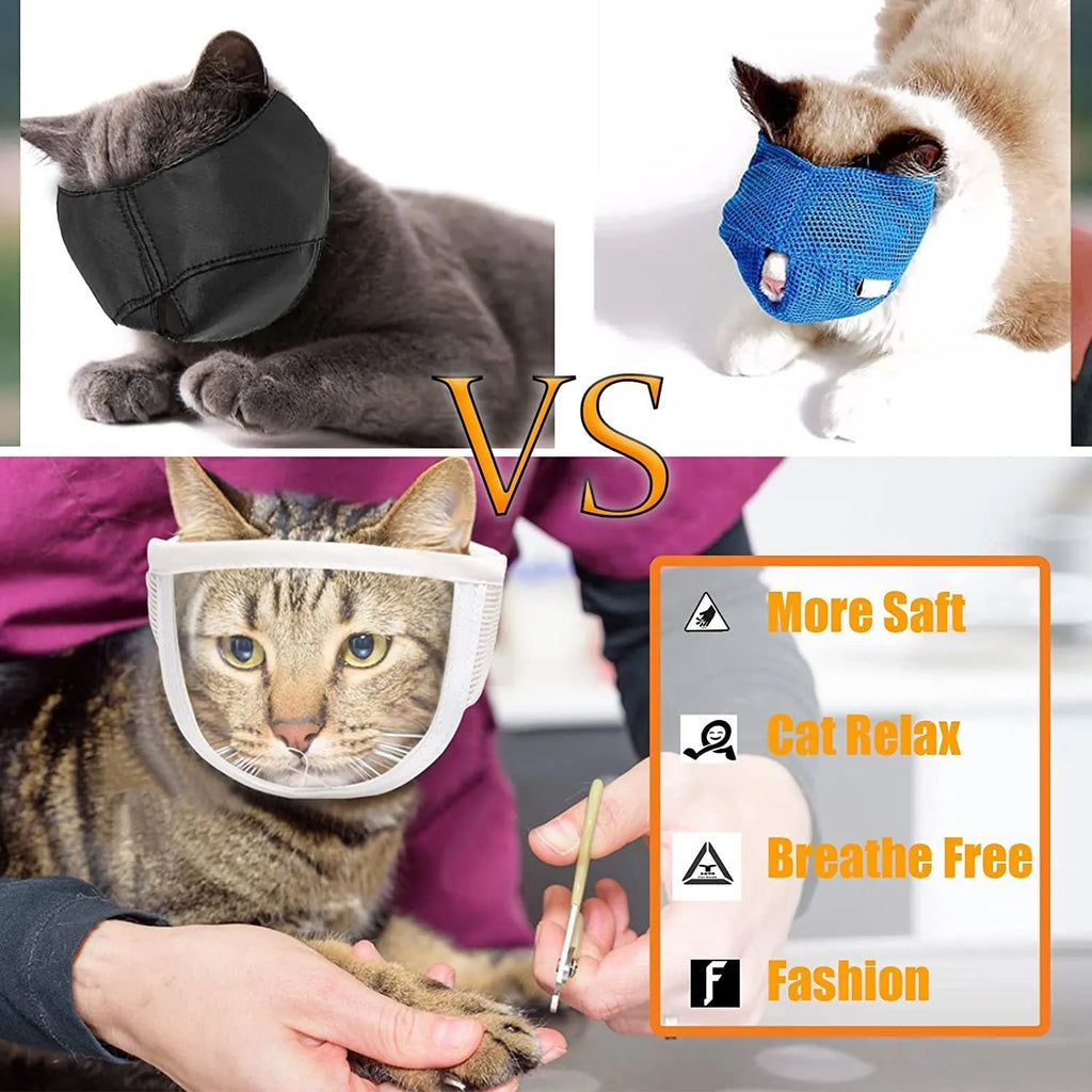 Transparent PVC and cotton cat muzzle shown on a pet, with visible breathing hole.