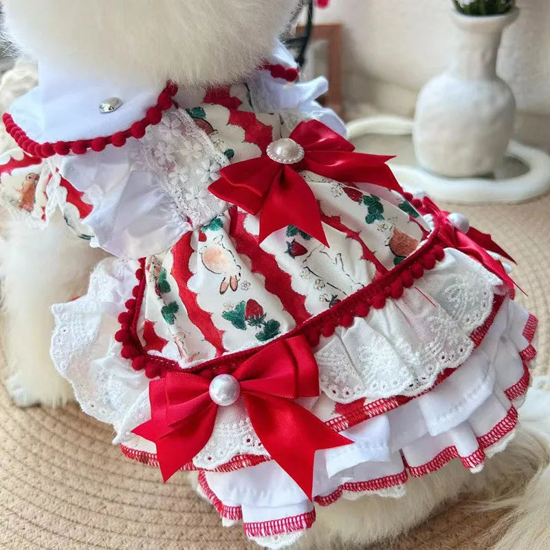 Polyester dog clothing in a rabbit skirt princess style, shown in multiple sizes for small pets.