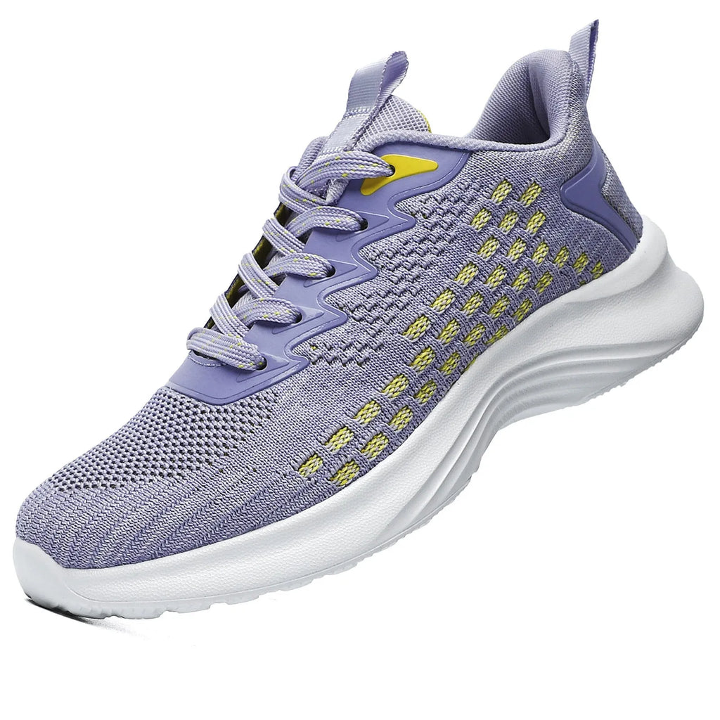 Lavender purple women's Flyknit running shoes with mesh upper and striped pattern on an EVA sole.