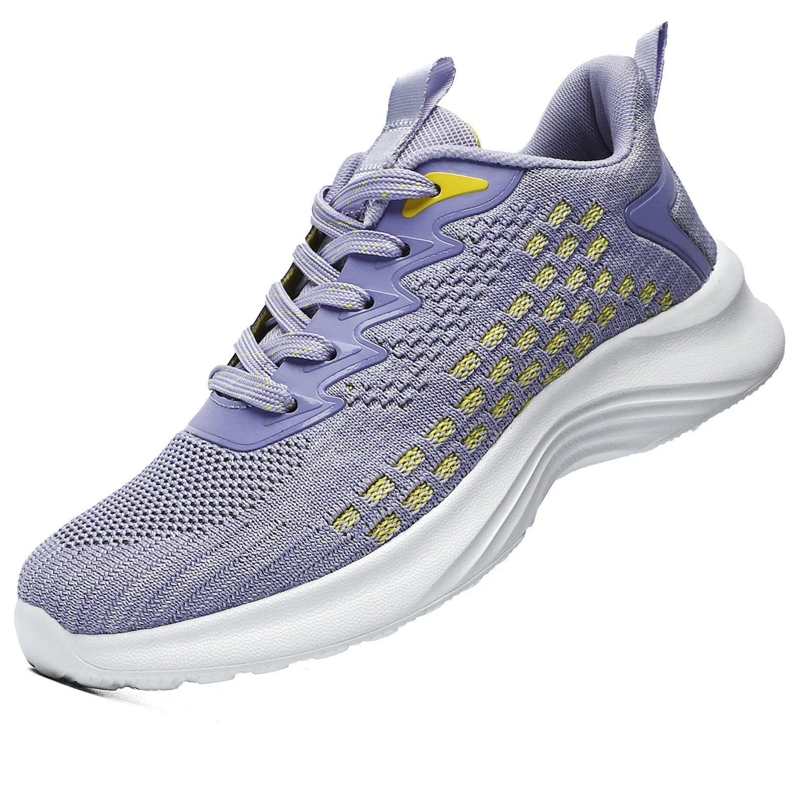 Lavender purple women's Flyknit running shoes with mesh upper and striped pattern on an EVA sole.