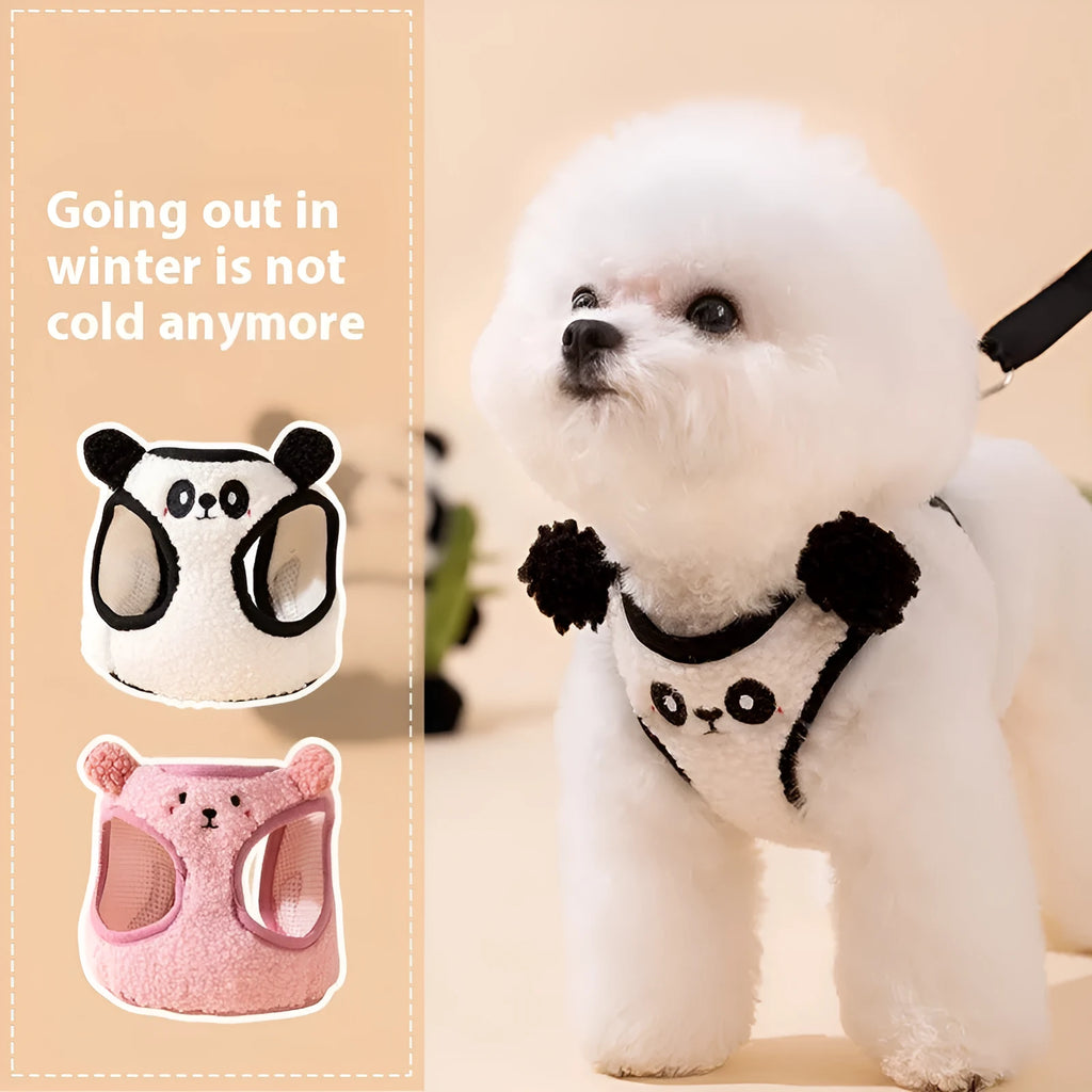 Animal-shaped lambswool dog lead and chest back set with hand-holding rope in pink or white panda and bear designs