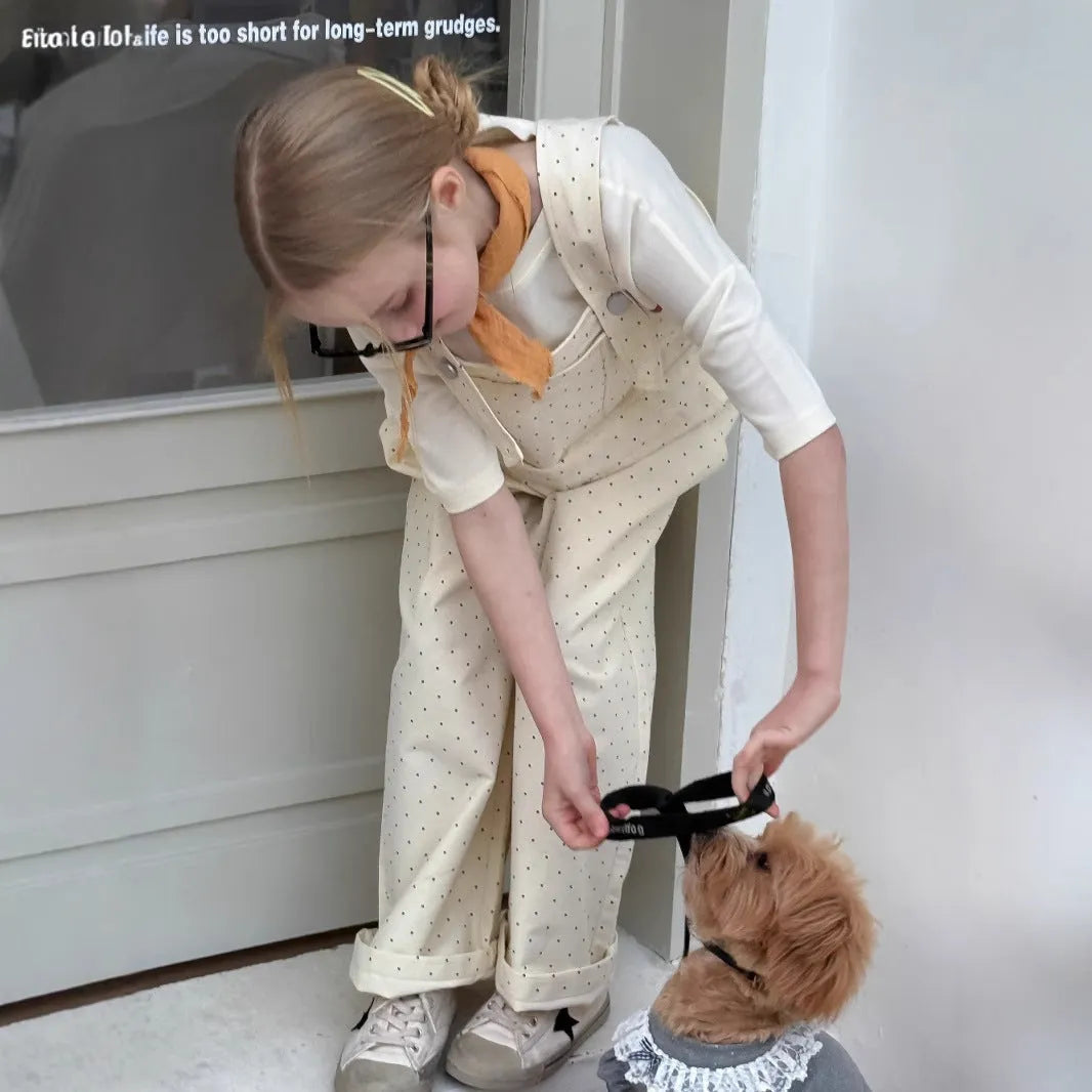Girls cotton polka dot high-waist overalls jumpsuit in beige, suitable for 90-150cm height