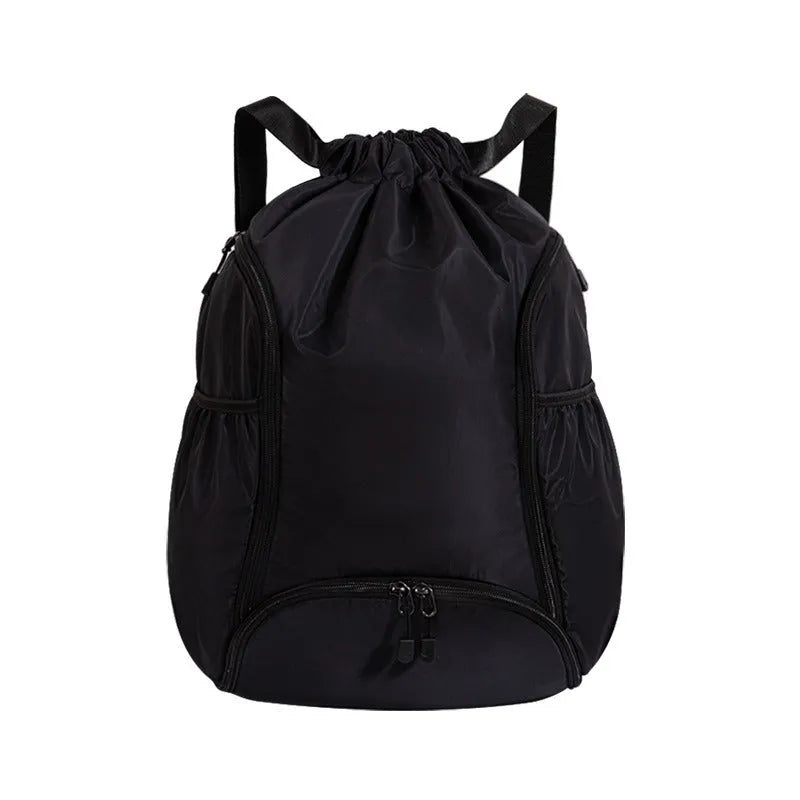 Large black cube-shaped sports backpack with drawstring closure for travel and fitness use
