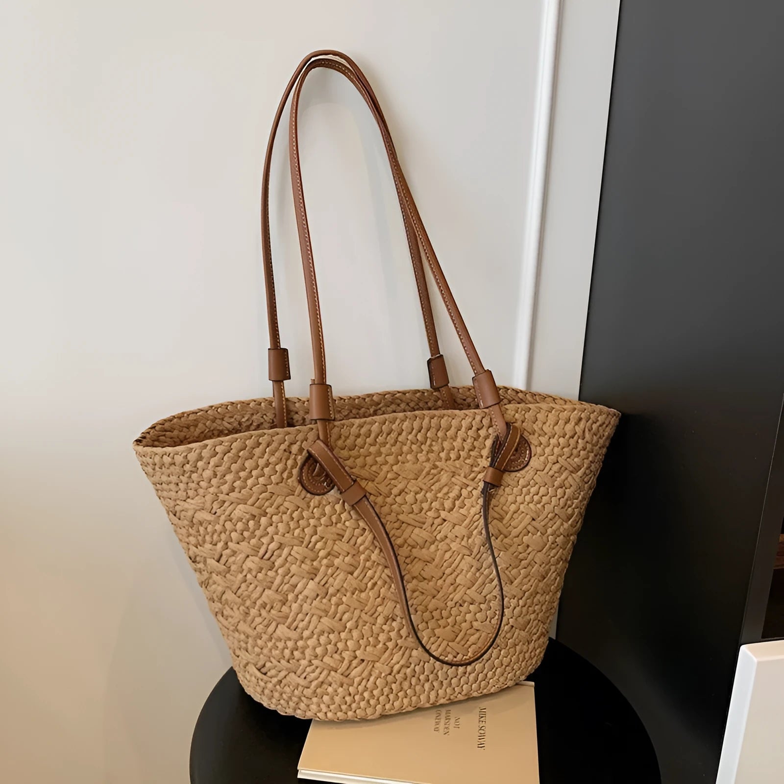 Retro style woven shoulder and hand bag in khaki colour with horizontal square design
