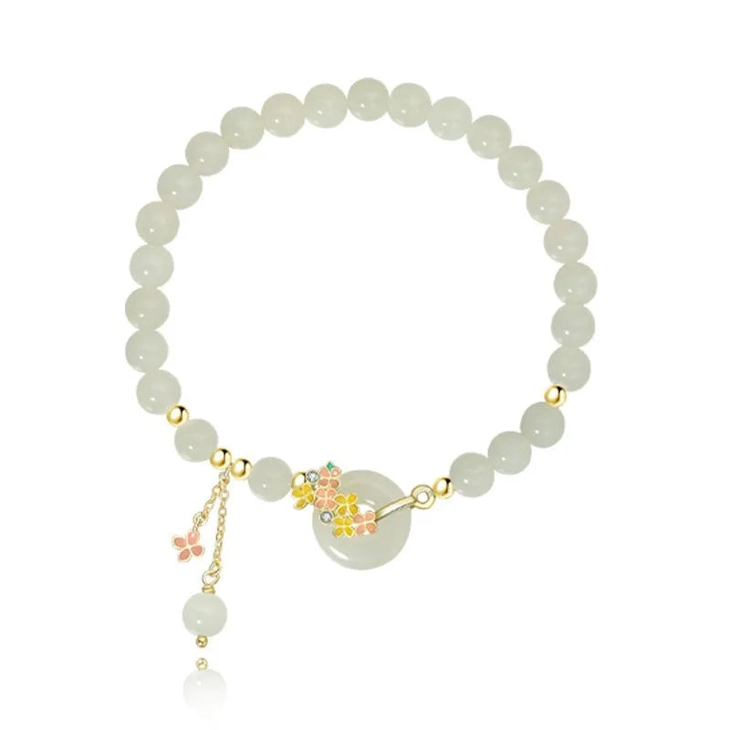 S925 sterling silver bracelet with 6mm natural Hetian jade stones and Osmanthus peace buckle design