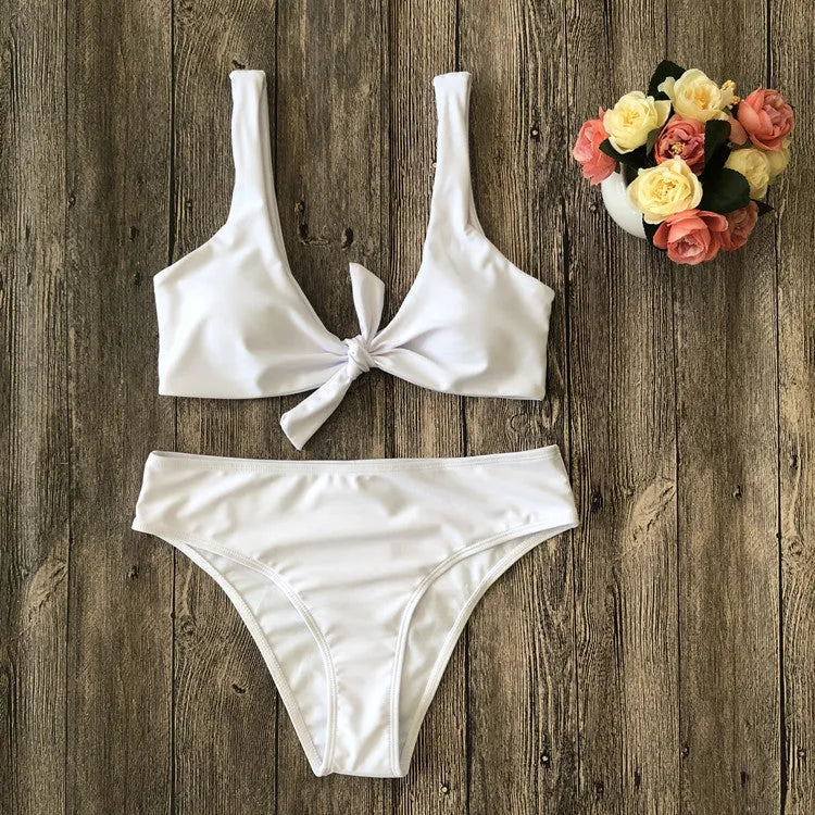 Women's polyester bikini swimwear set in black, pink, red, white, or wine red with bra and briefs