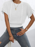 Women's loose knitted pullover sweater with ruffled short sleeves in dark brown.