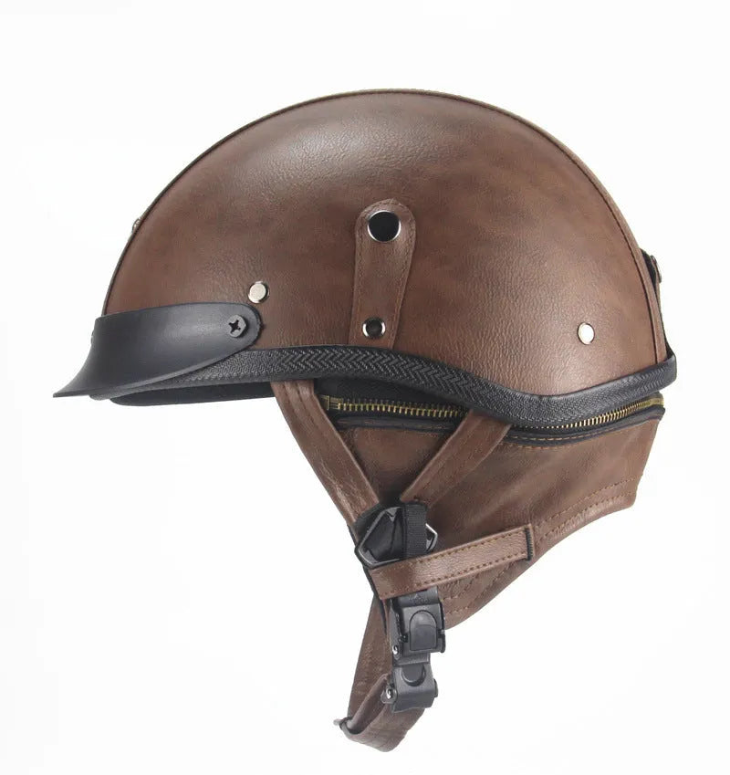 Retro handmade half-pedal motorcycle helmet in black ABS artificial leather for cruiser bikes