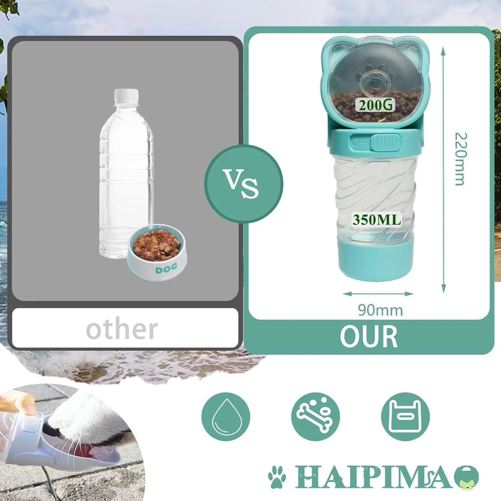 Green 3-in-1 portable pet water bottle with food container and waste bag dispenser attached to a strap.