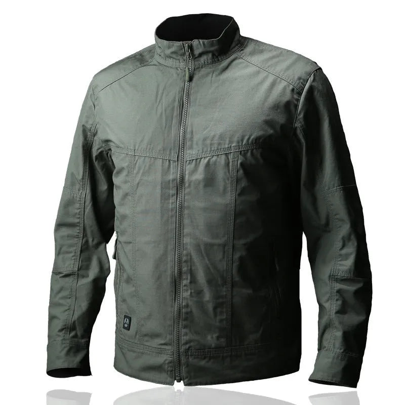 Man wearing a brown tactical camouflage polyester jacket with multiple pockets.