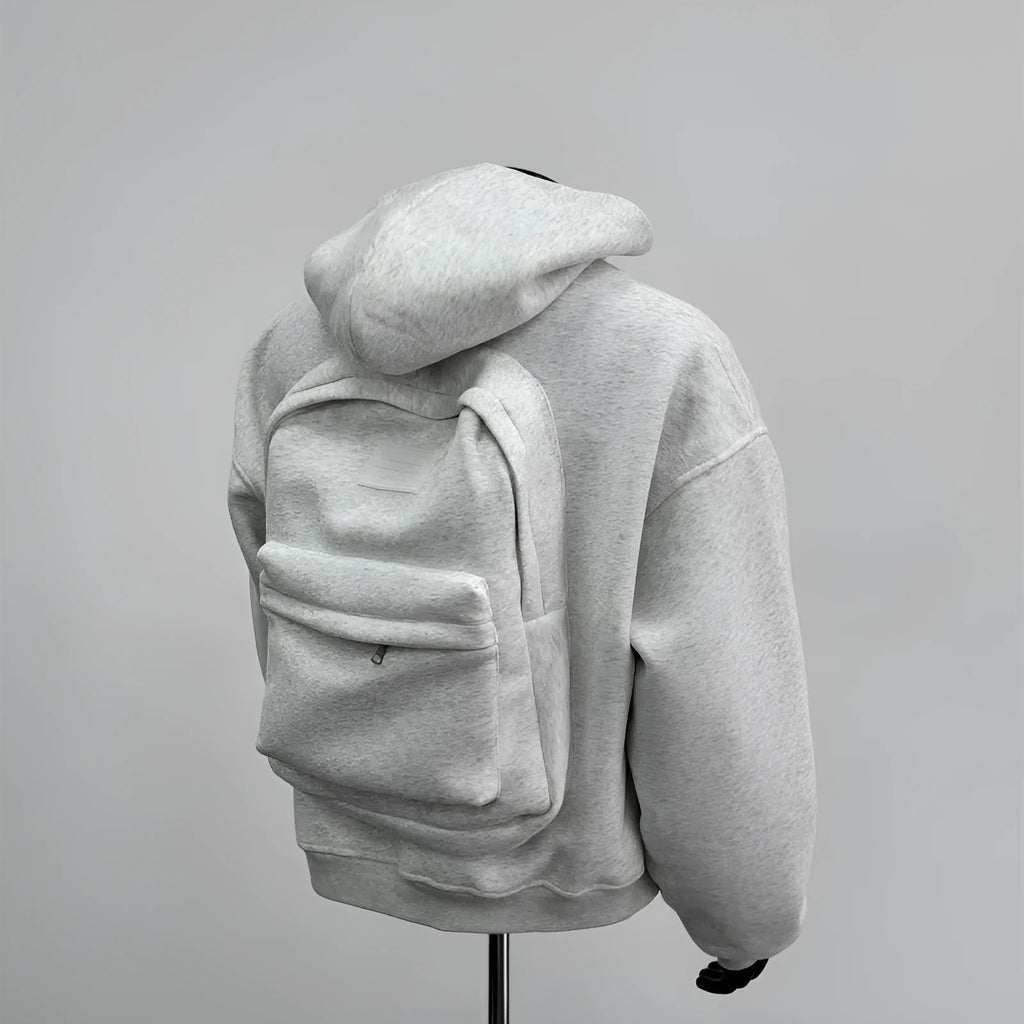 Light grey men's hoodie with a schoolbag design on the back, showing the hood and front zip.