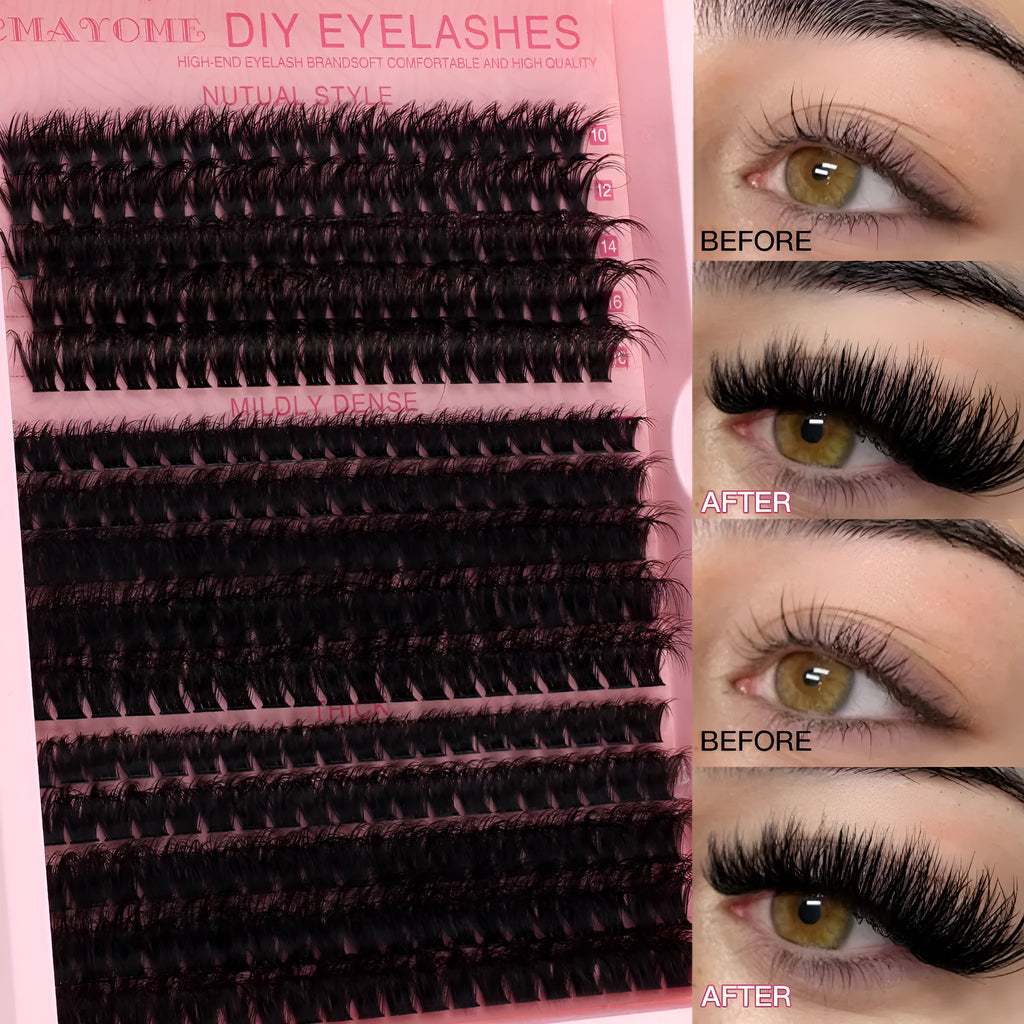 DIY false eyelashes extension suit showing individual cluster segments and eyelash tweezers