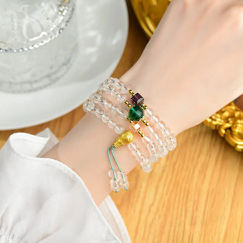 White crystal 108-bead rosary bracelet necklace with geometric beads in ethnic style